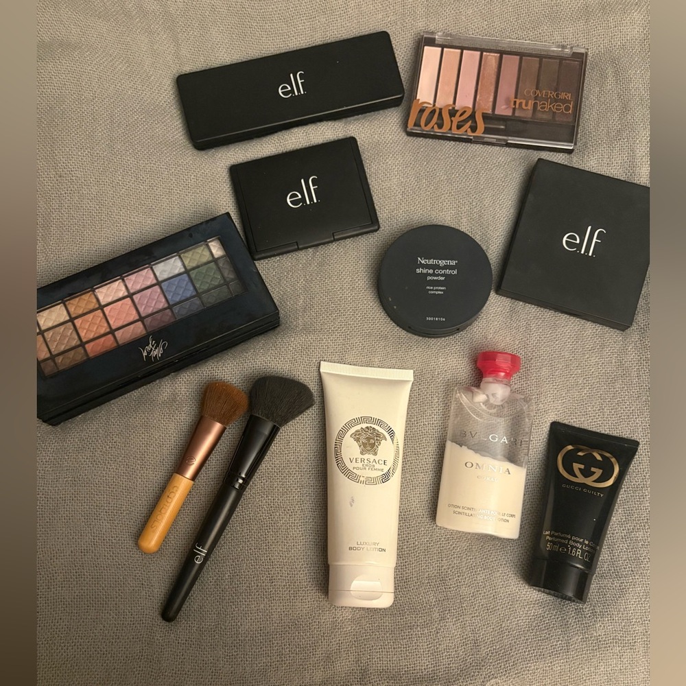 Makeup bundle - Eyeshadows Bronzer Shine Control Lipsticks Body Lotion brushes